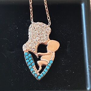 Rose Gold Mother and Child Turquoise Pendant Necklace